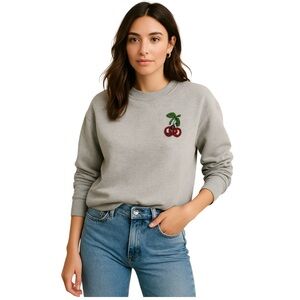 H&M Cherry Appliqué Crew Neck Sweatshirt Light Gray Melange Sz S Cute Novelty